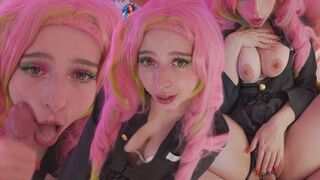 Mitsuri w cosplay Kanroji cieszy się otwory w kutasie i dostaje ogromny strzał w twarz