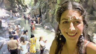 Sprinkles on the face of teenage beauty in the public lockroom, then sperma walks by the waterfall
