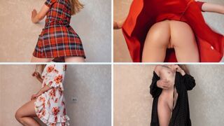 Blondynka dziewczyna bez sukienka próba majtki z a duży dupa
