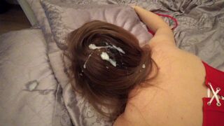 Sprinkles on teenage girl 's hair after wild anal fuck
